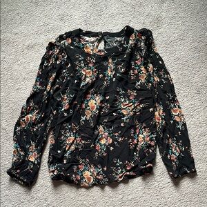 Maurices Black Floral Ruffled Long Sleeve Blouse